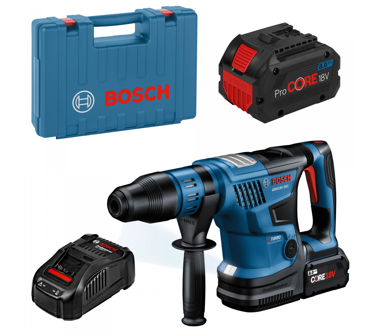 Akumuliatorinio perforatoriaus Bosch GBH 18V-36 C Biturbo rinkinys, SDS max, 18 V, 2 x 8 Ah, įkroviklis, modulis + lagaminas