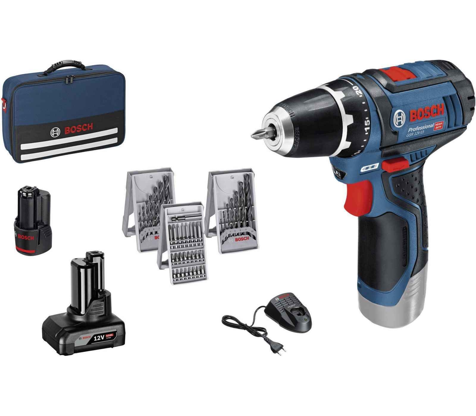 Akumuliatorinio gręžtuvo-suktuvo Bosch GSR 12V-15 FC rinkinys, 12 V, 1 x 4 Ah, 1 x 2 Ah, įkroviklis, krepšys + priedai 175 vnt.
