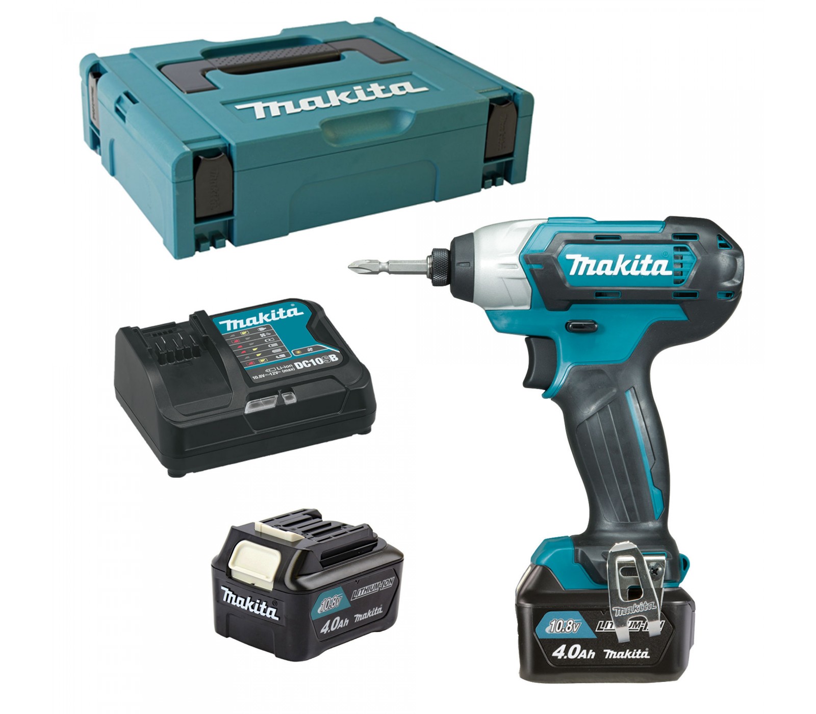 Akumuliatorinio smūginio suktuvo Makita (TD110DSAJ) rinkinys, 10,8 V, 2 x 4 Ah, įkroviklis + lagaminas