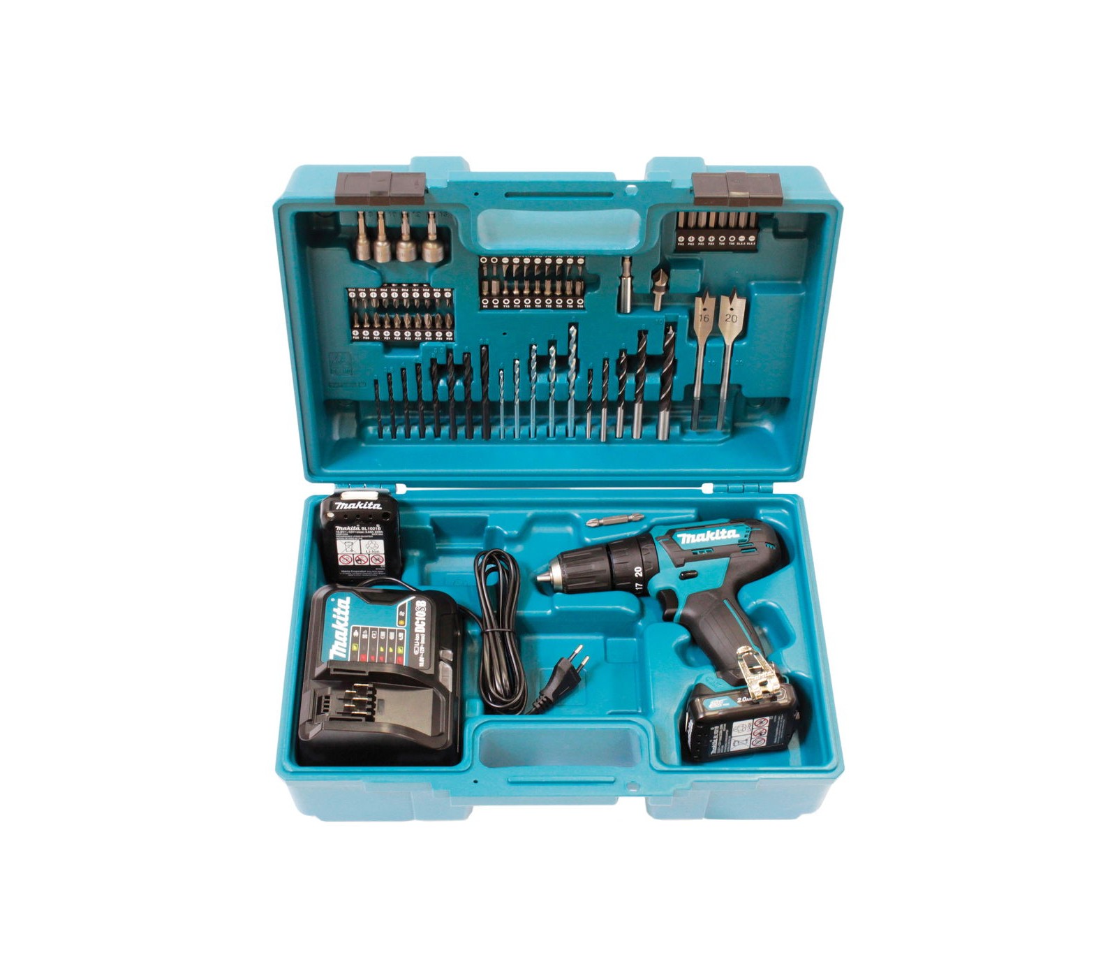 Akumuliatorinio smūginio suktuvo Makita (HP333DSAX1) rinkinys, 12 V, 2 x 2 Ah, įkroviklis, lagaminas + galvučių rinkinys