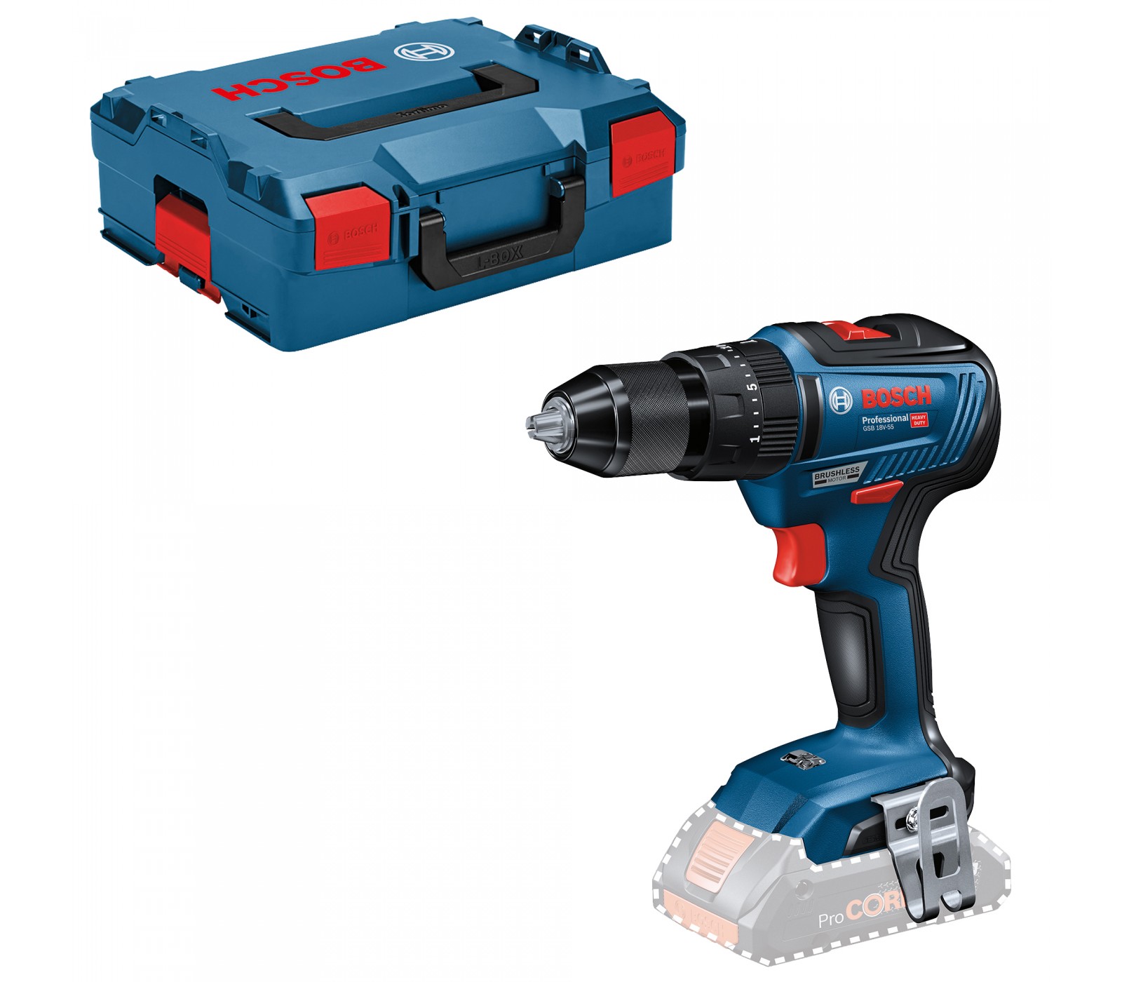 Akumuliatorinis smūginis suktuvas-gręžtuvas Bosch GSB 18V-55, 18 V + lagaminas (be akumuliatoriaus ir įkroviklio)