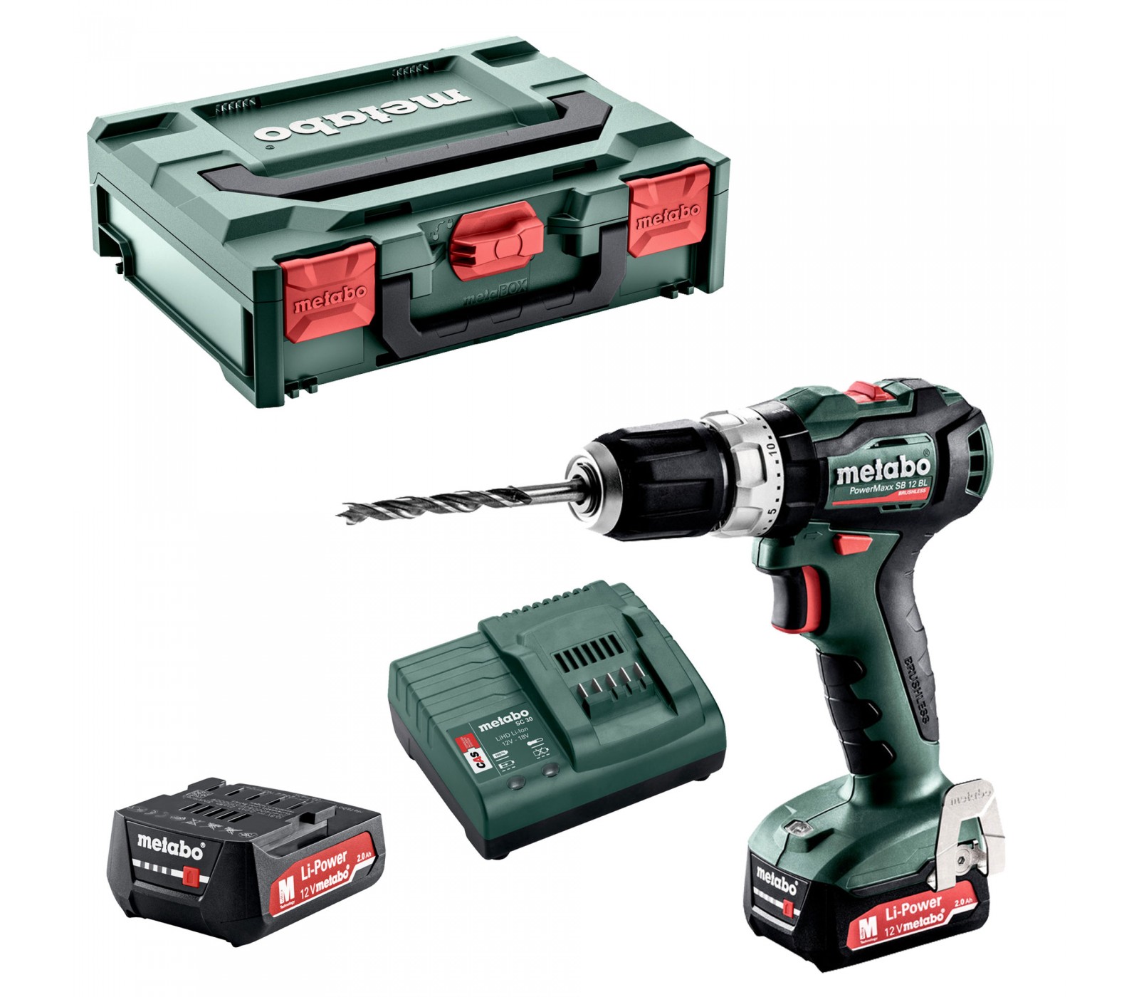 Akumuliatorinio suktuvo-gręžtuvo Metabo PowerMaxx SB 12 BL (601077500) rinkinys, 12 V, 2 x 2 Ah, įkroviklis + lagaminas