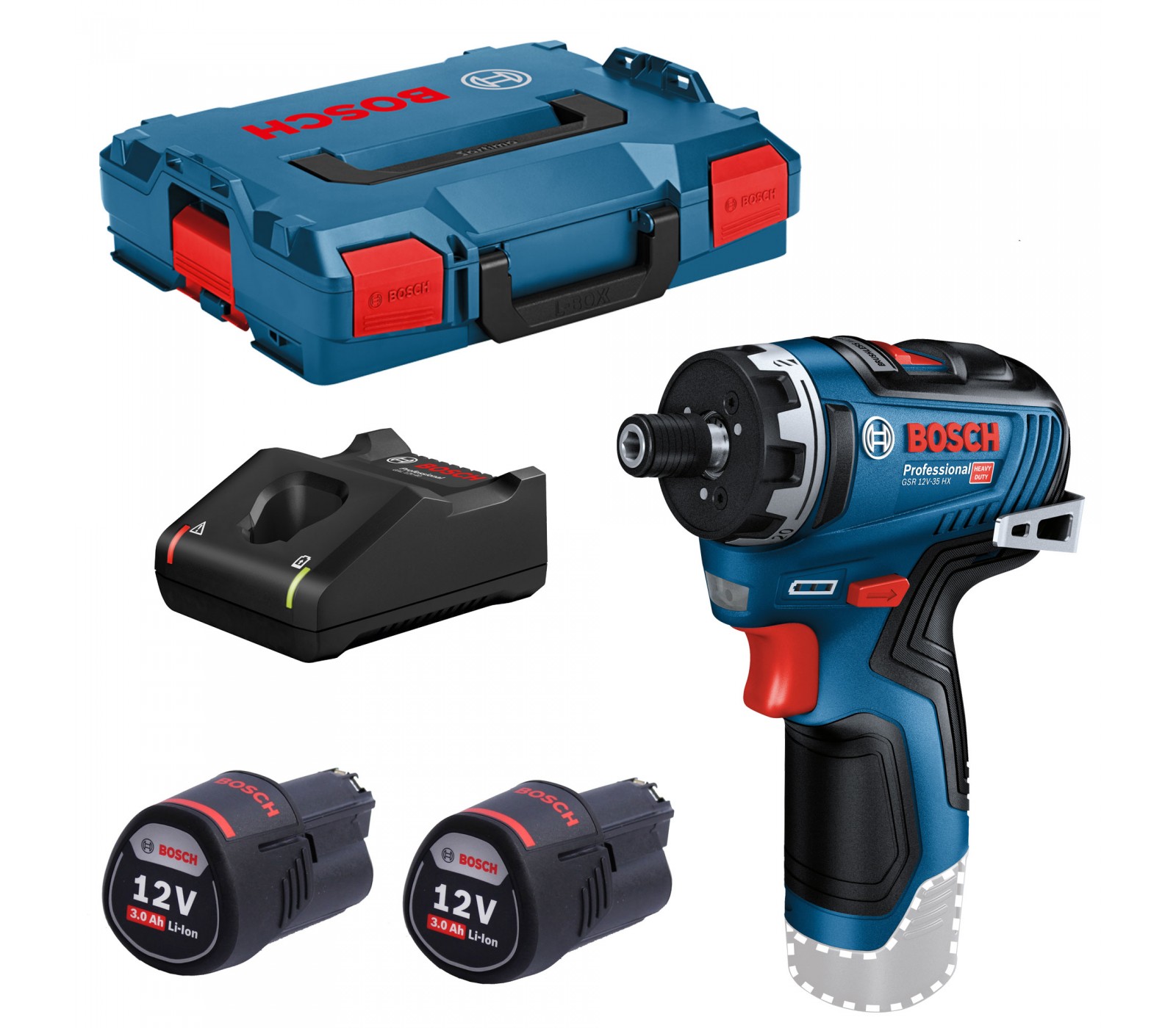 Akumuliatorinio suktuvo Bosch GSR 12V-35 HX rinkinys, 12 V, 2 x 3 Ah, įkroviklis + lagaminas