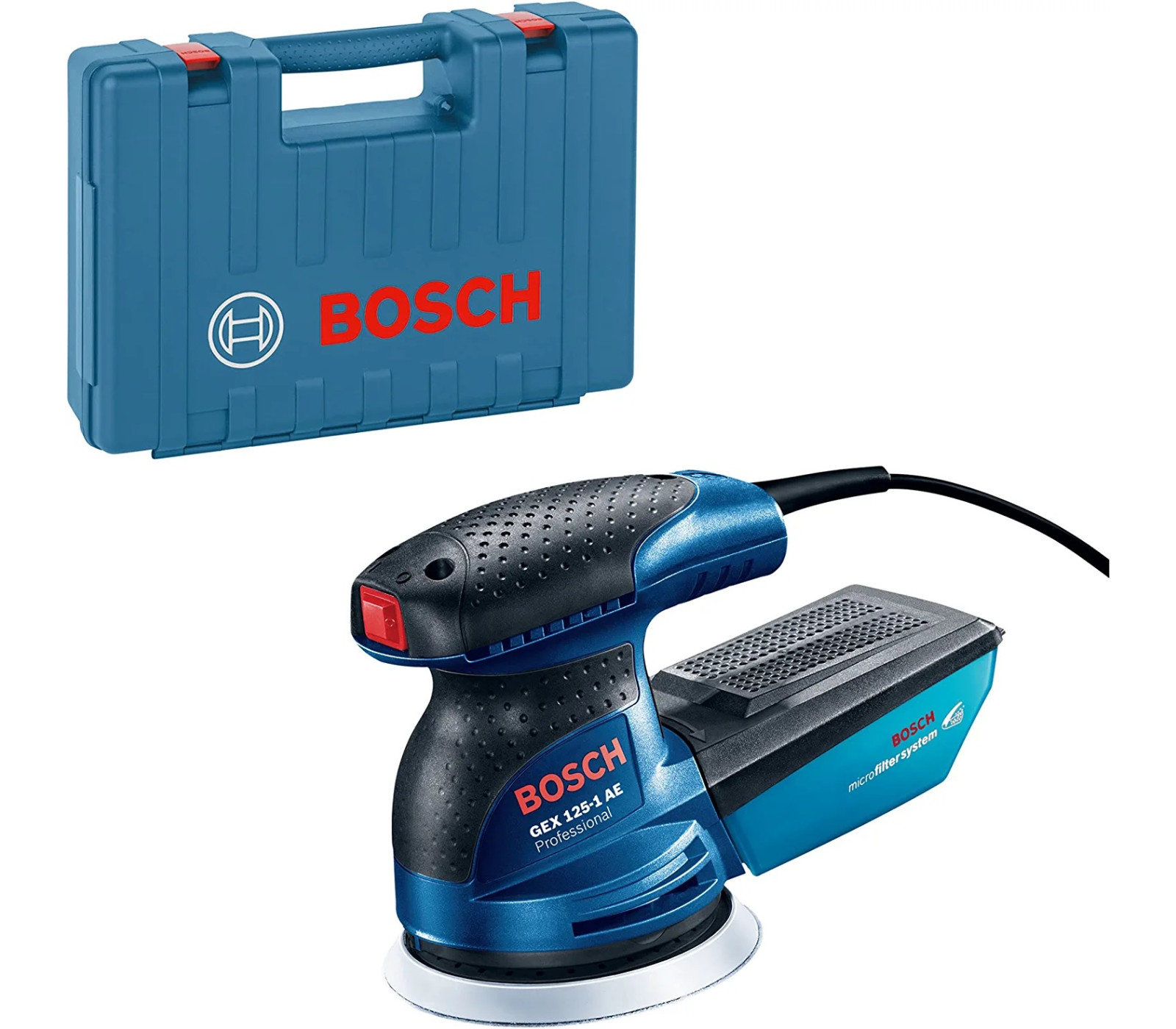 Elektrinis ekscentrinis šlifuoklis Bosch GEX 125-1 AE, 250 W, 125 mm, šlifavimo lakštai 3 vnt. + lagaminas