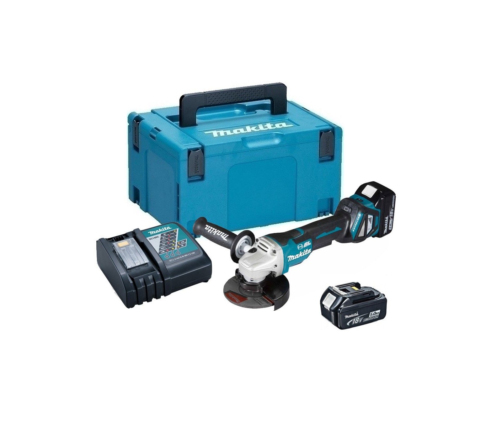 Akumuliatorinio kampinio šlifuoklio Makita (DGA517RTJ) rinkinys, 125 mm, 18 V, 2 x 5 Ah, įkroviklis + lagaminas