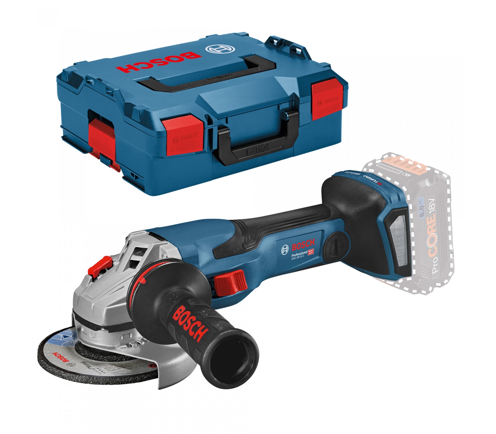 Akumuliatorinis kampinis šlifuoklis Bosch Biturbo GWS 18V-15 C, 18 V, 125 mm + lagaminas