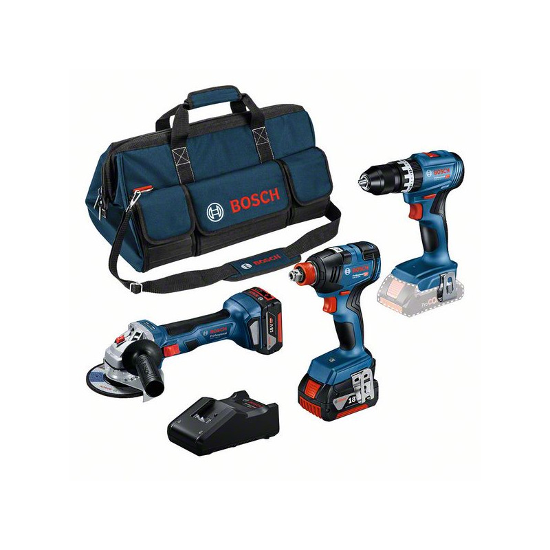 Bosch akumuliatorinių įrankių rinkinys: GSB 18V-45 + GWS 18V-7 + GDX 18V-200