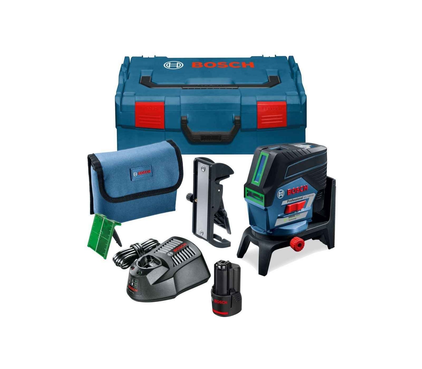Akumuliatorinio raudono lazerinio nivelyro Bosch GCL 2-50 C rinkinys, 12 V, 1 x 2,0 Ah, įkroviklis, lagaminas + priedai
