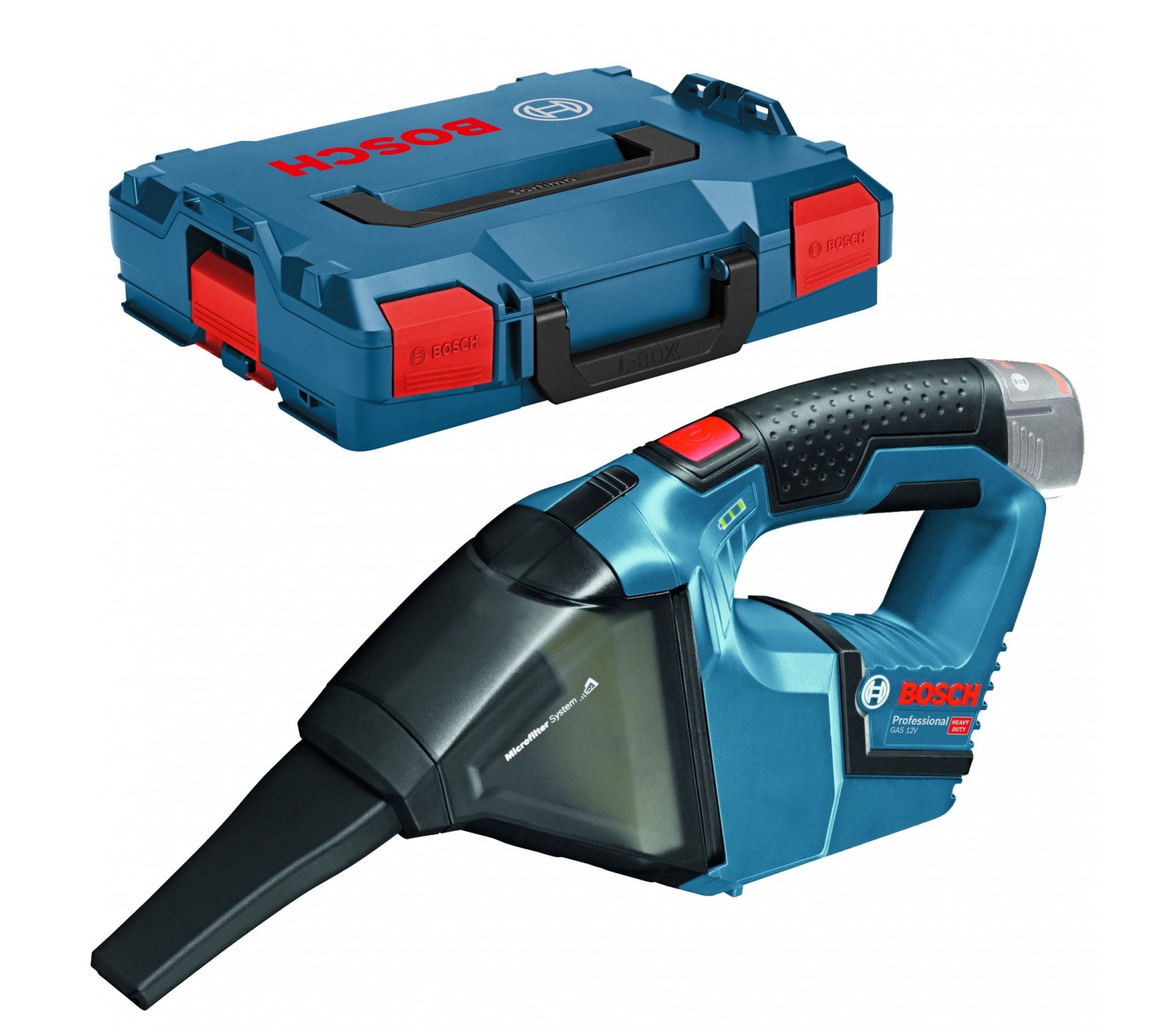 Akumuliatorinis rankinis dulkių siurblys Bosch GAS 12 V + lagaminas L-Boxx 102 (be akumuliatoriaus ir įkroviklio)