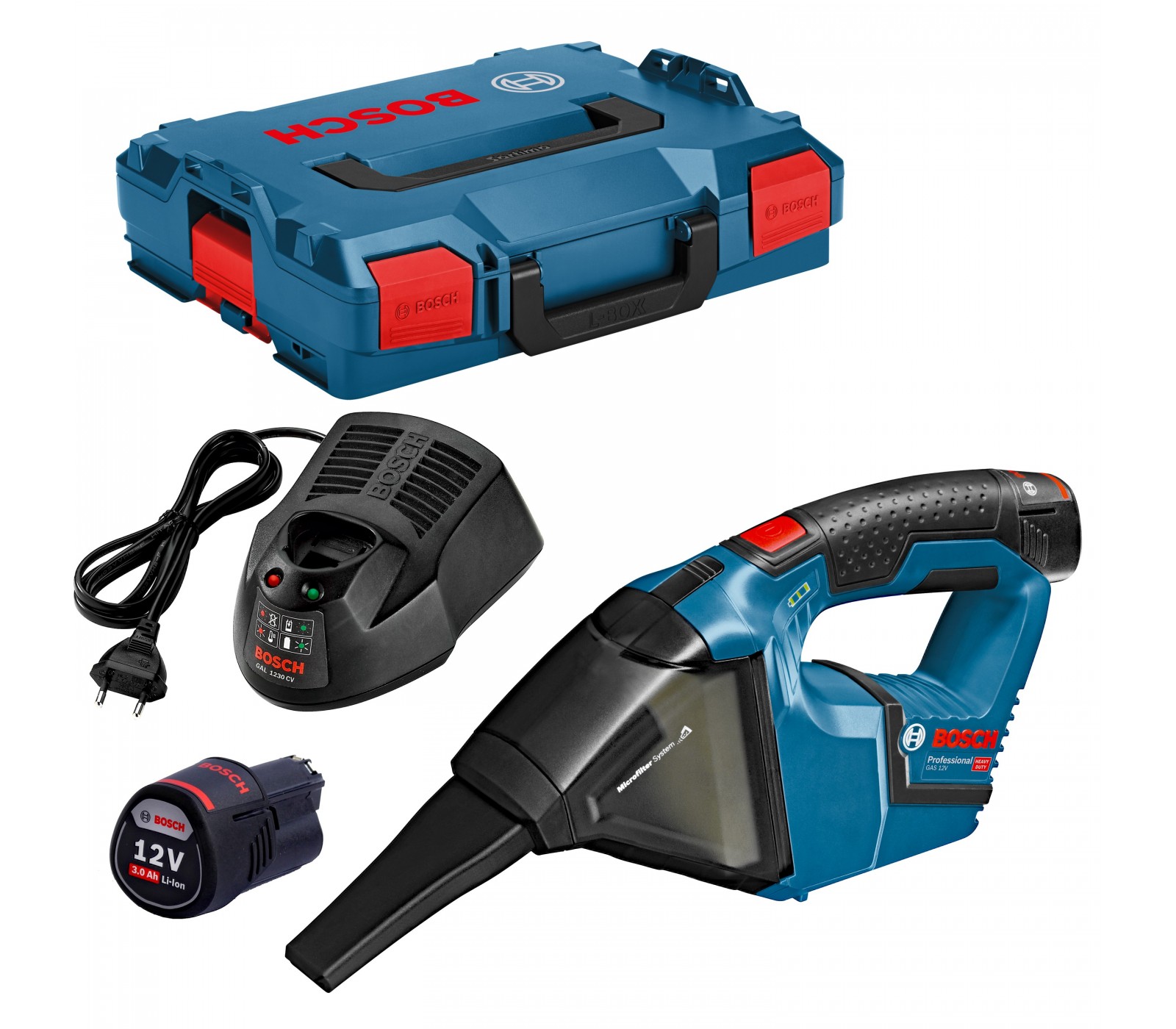Akumuliatorinio rankinio dulkių siurblio Bosch GAS 12V rinkinys, 12 V