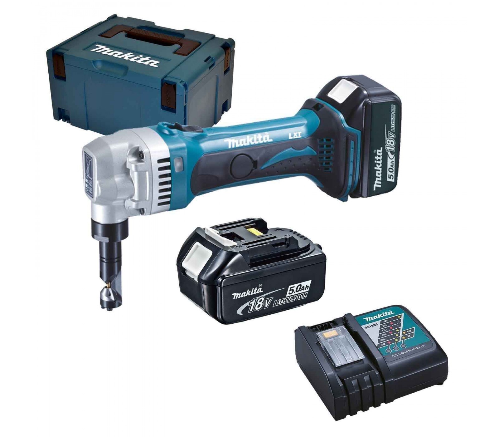 Akumuliatorinių skardos žirklių Makita DJN161RTJ rinkinys, 18 V, 2 x 5 Ah, įkroviklis + lagaminas