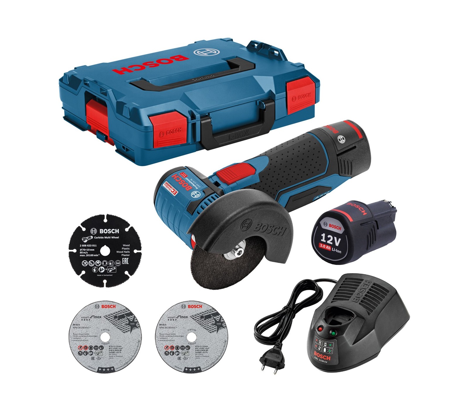 Akumuliatorinio kampinio šlifuoklio Bosch GWS 12V-76 rinkinys, 12 V, 2 x 3 Ah, įkroviklis, lagaminas + 3 diskai