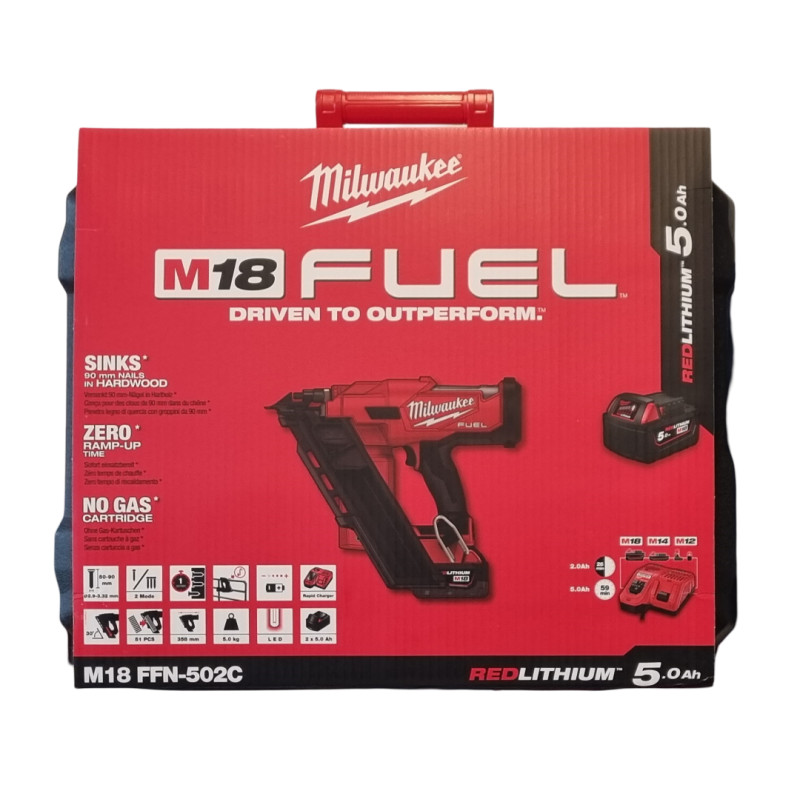 Akumuliatorinės viniakalės Milwaukee M18 FFN-502C rinkinys, 18 V, 2 x 5 Ah, įkroviklis + lagaminas