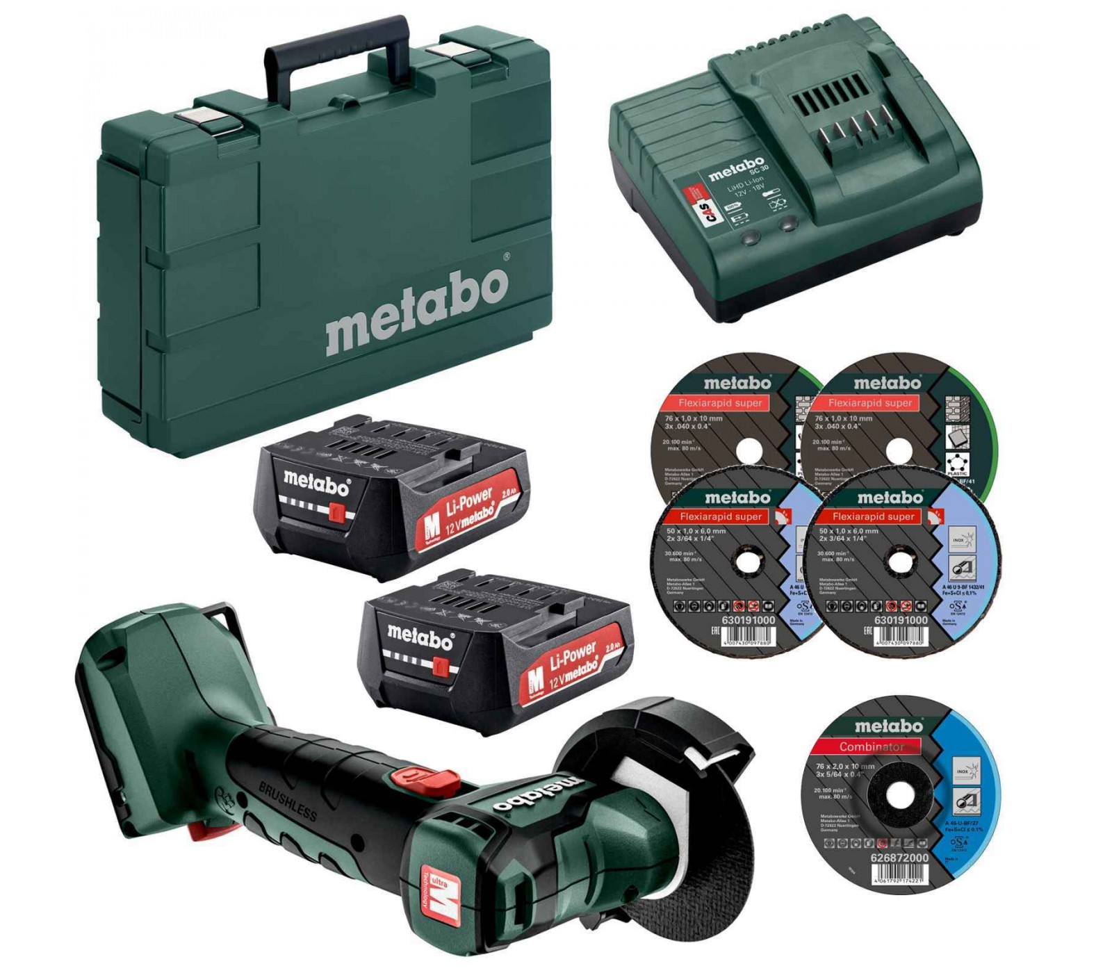 Akumuliatorinio kampinio šlifuoklio Metabo PowerMaxx CC 12 BL (600348500) rinkinys, 12 V, 2x2 Ah, įkroviklis, lagaminas + diskai