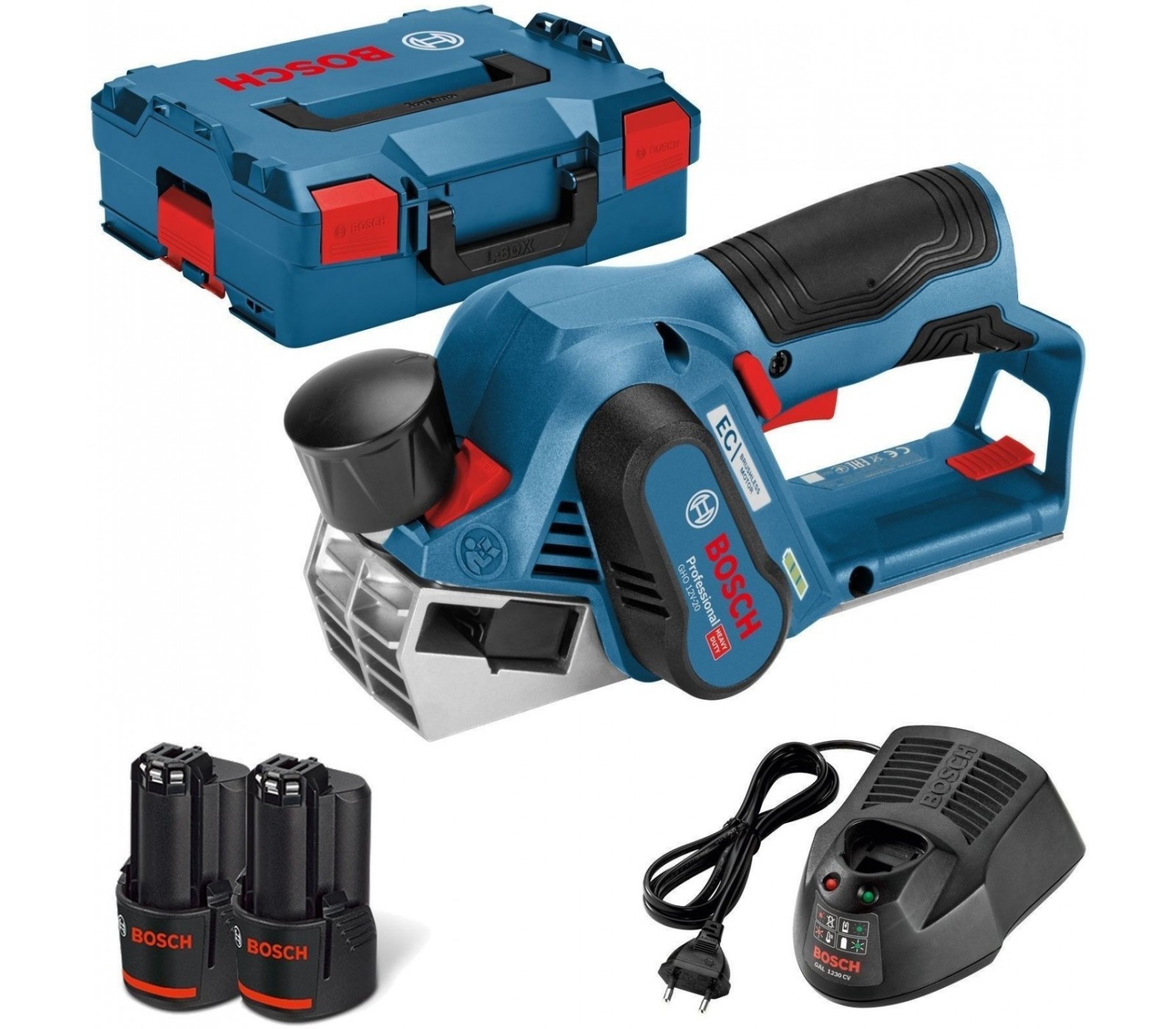 Akumuliatorinio obliaus Bosch GHO 12V-20 rinkinys, 12 V, 2 x 3,0 Ah, įkroviklis + lagaminas