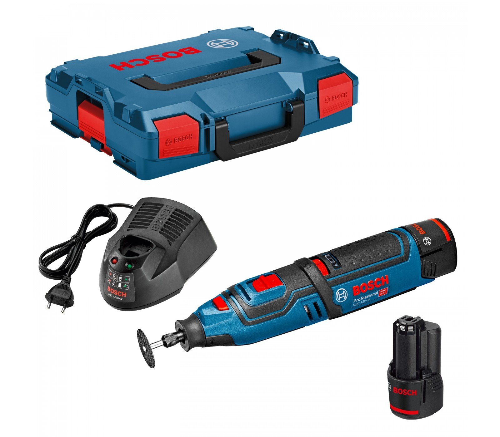 Akumuliatorinio rotacinio įrankio Bosch GRO 12V-35 rinkinys, 12 V, 2 x 2 Ah, įkroviklis + lagaminas