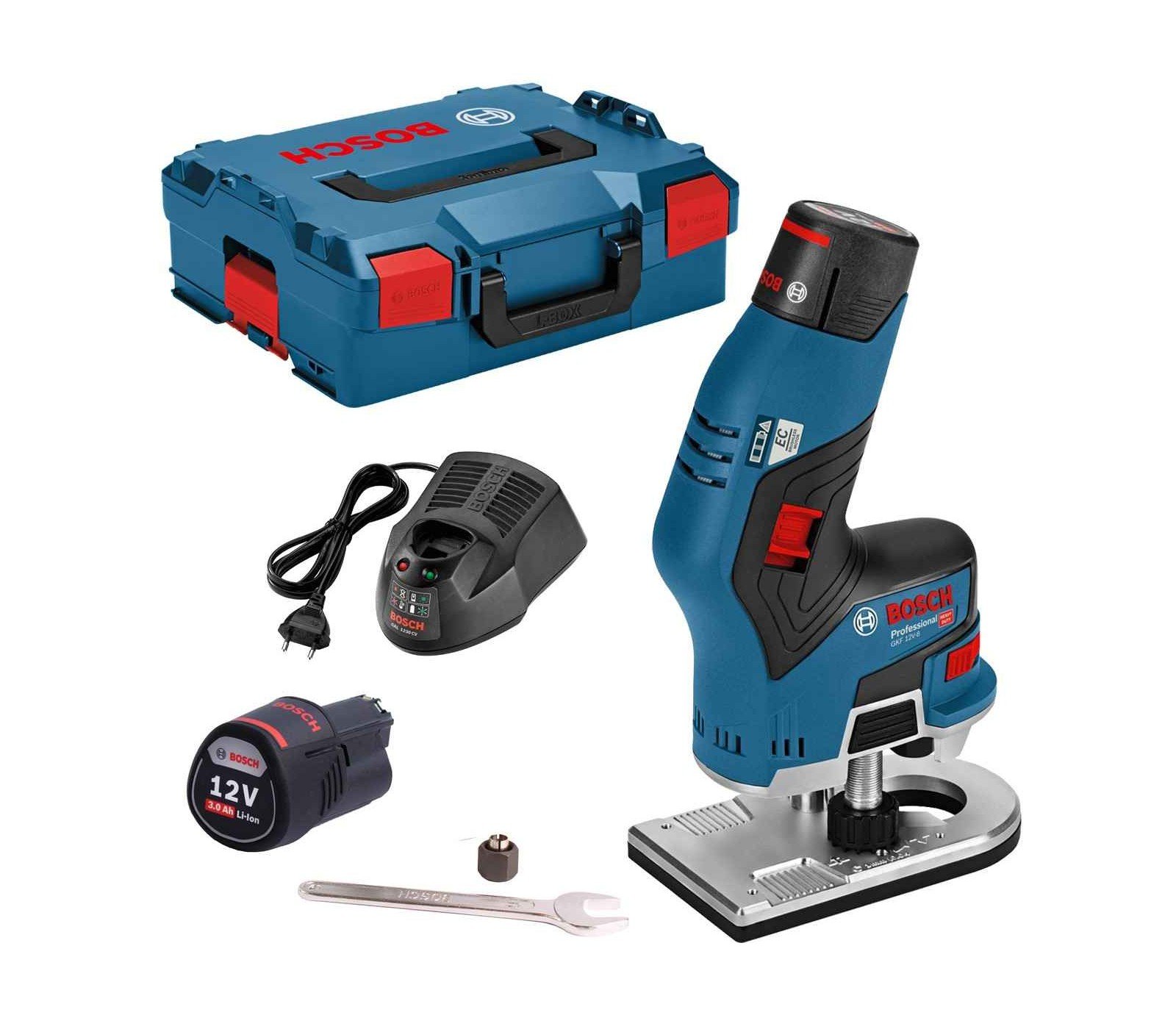 Akumuliatorinės rankinės frezos Bosch GKF 12V-8 rinkinys, 12 V