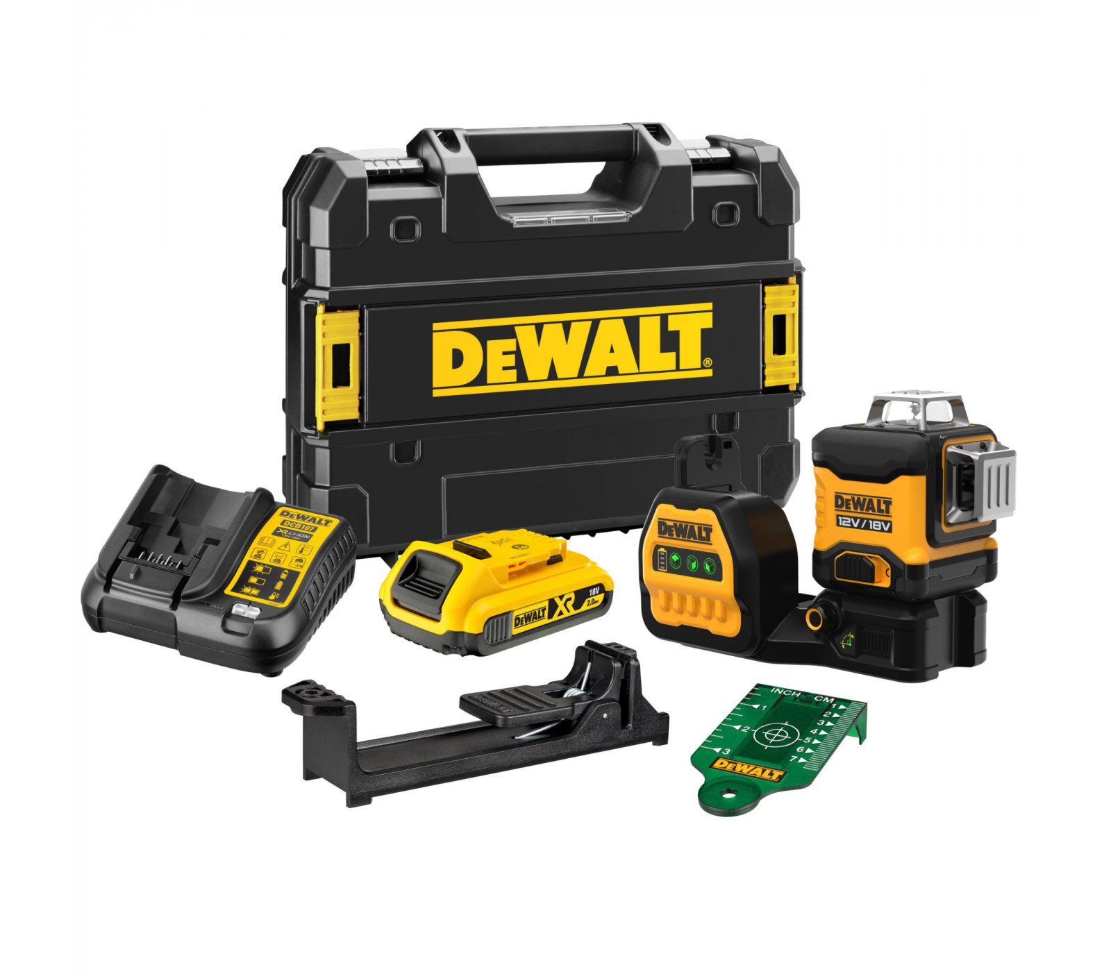 Dewalt akumuliatorinio žalio kryžminio lazerinio nivelyro rinkinys DCE089D1G18, 18 V, 1x2,0Ah, įkroviklis + lagaminas