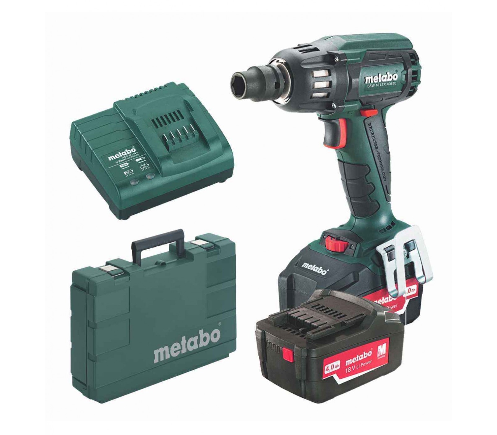 Akumuliatorinio smūginio veržliasukio Metabo SSW 18 LTX 400 BL (602205500) rinkinys, 18 V, 2 x 4 Ah, įkroviklis + lagaminas