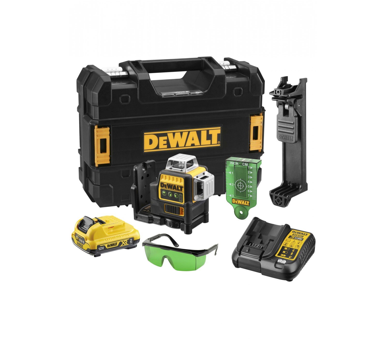 Dewalt akumuliatorinio žalio lazerinio nivelyro rinkinys DCE089D1G, 10,8 V, 3x360°