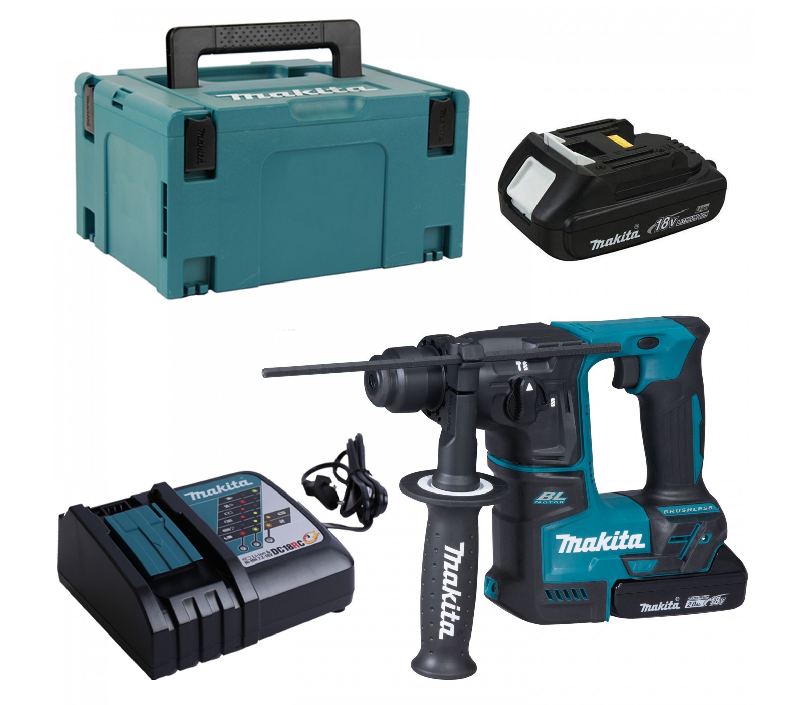 Akumuliatorinio perforatoriaus Makita DHR171RAJ rinkinys, 18 V, 2 x 2 Ah, 1,2 J, įkroviklis + lagaminas