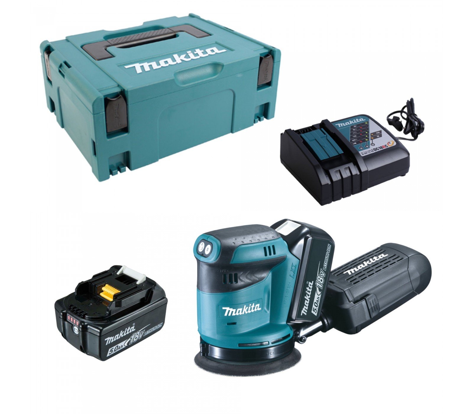 Akumuliatorinio ekscentrinio šlifuoklio Makita DBO180RTJ rinkinys, 18 V, 125 mm, 2 x 5 Ah, įkroviklis + lagaminas
