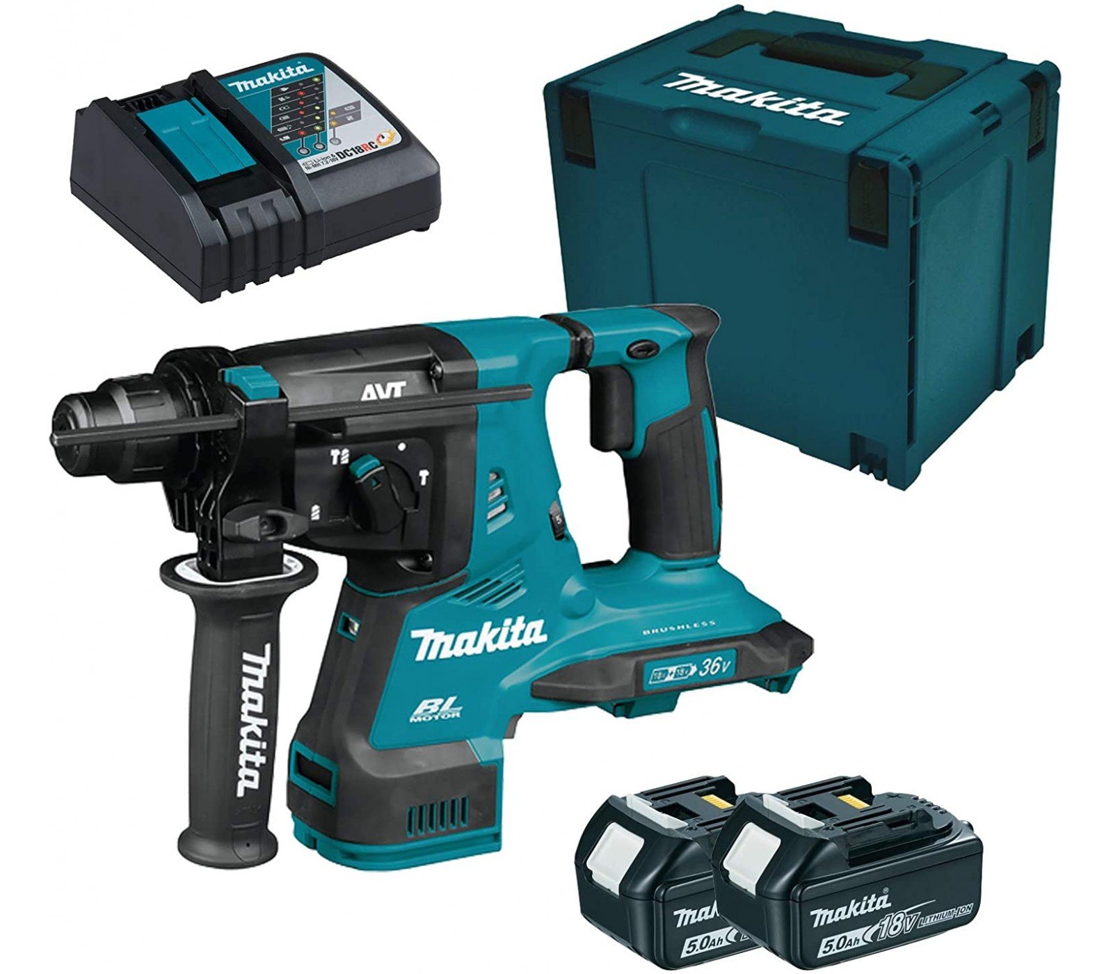 Akumuliatorinio perforatoriaus Makita DHR243RTJ rinkinys, 18 V, SDS-Plus, 2 x 5 Ah, įkroviklis + lagaminas