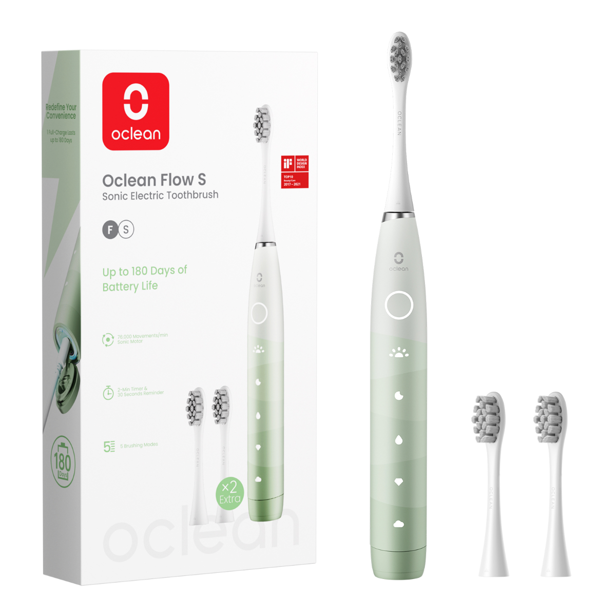 OCLEAN FLOW S, , elektrinis dantų šepetėlis, žalios spalvos, 1 vnt.