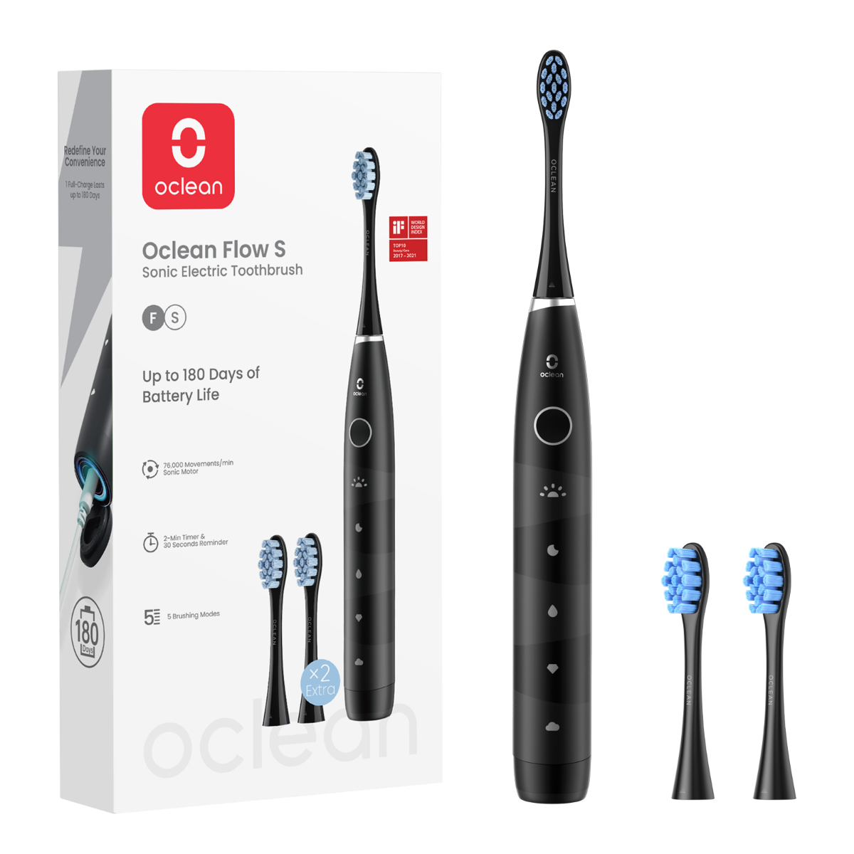 OCLEAN FLOW S, elektrinis dantų šepetėlis, juodos spalvos, 1 vnt.