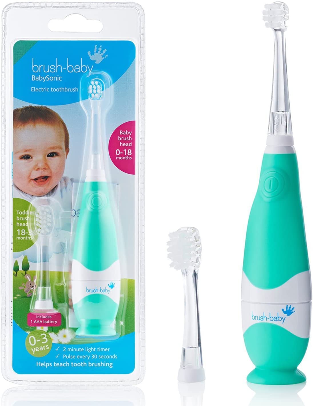 Brush Baby Baby elektrinis dantų šepetėlis BabySonic 0-3 metų (žalias)