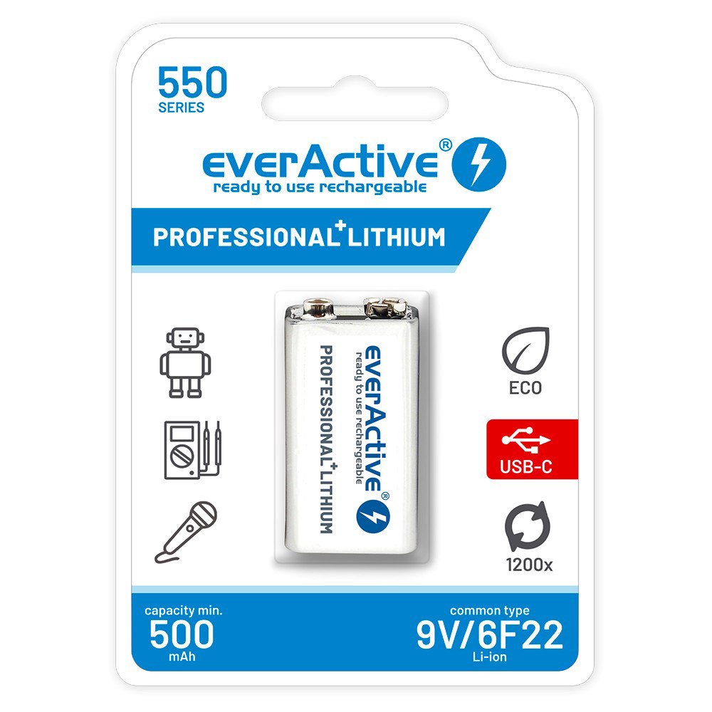 everActive 6F22/9V ličio jonų 550 mAh baterija su USB TYPE C