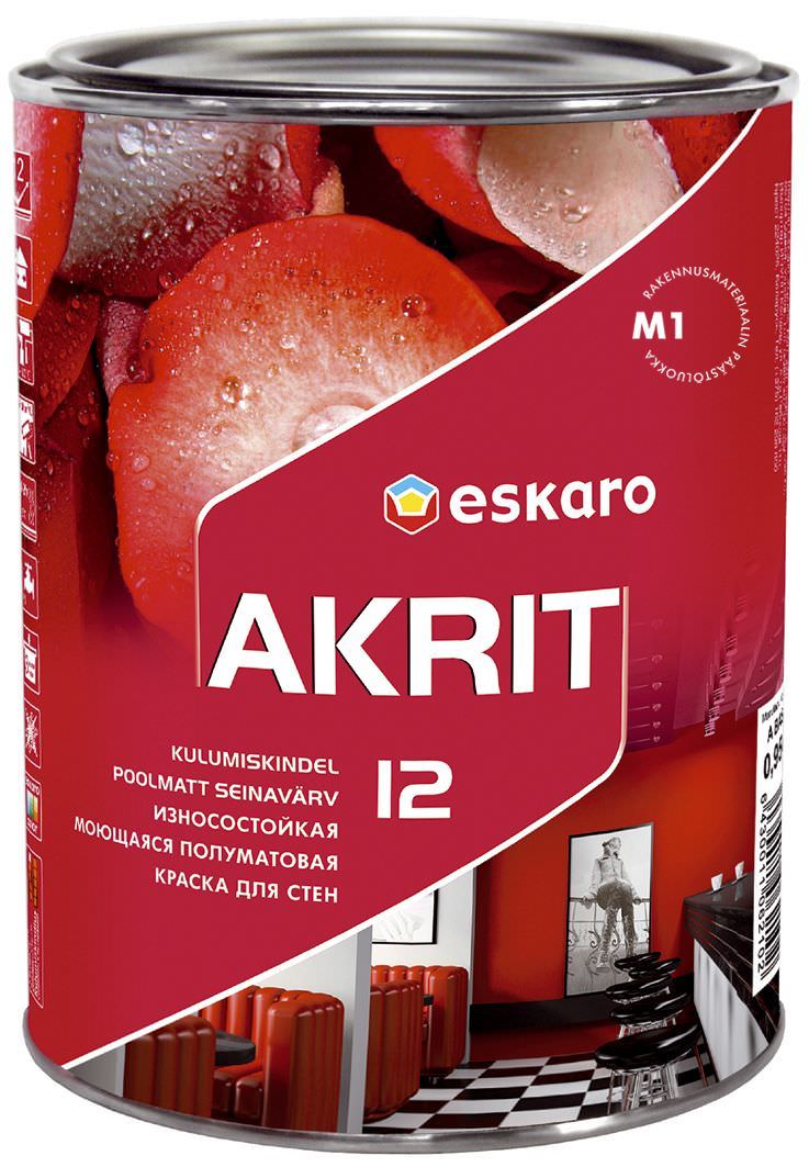 Sienų dažai ESKARO AKRIT 12, pusiau matiniai, baltos sp., A bazė, 950 ml