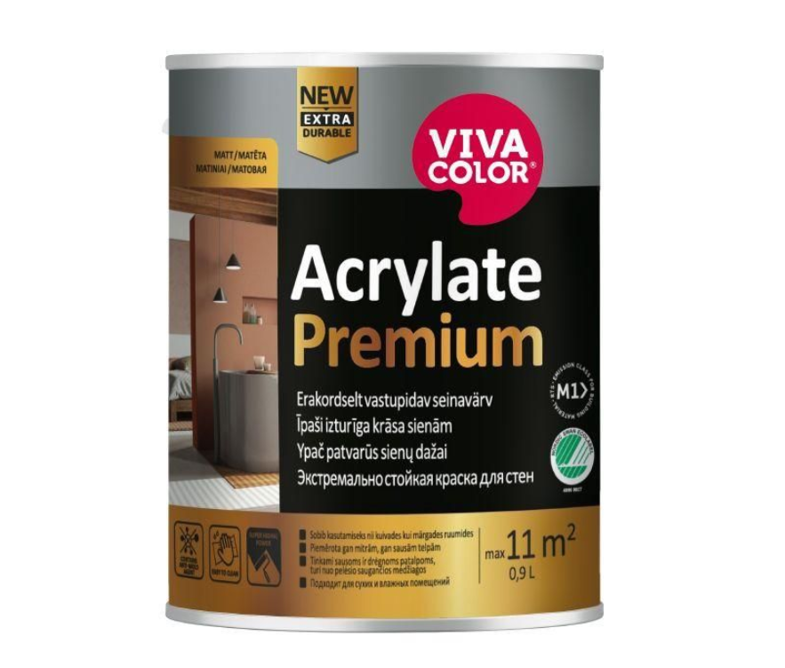 Sienų ir lubų dažai VIVACOLOR ACRYLATE PREMIUM, atsparūs drėgmei, matiniai, A bazė, 0,9 l