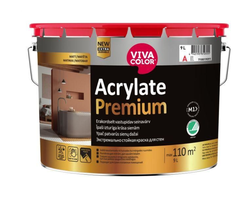 Sienų ir lubų dažai VIVACOLOR ACRYLATE PREMIUM, atsparūs drėgmei, matiniai, A bazė, 9 l