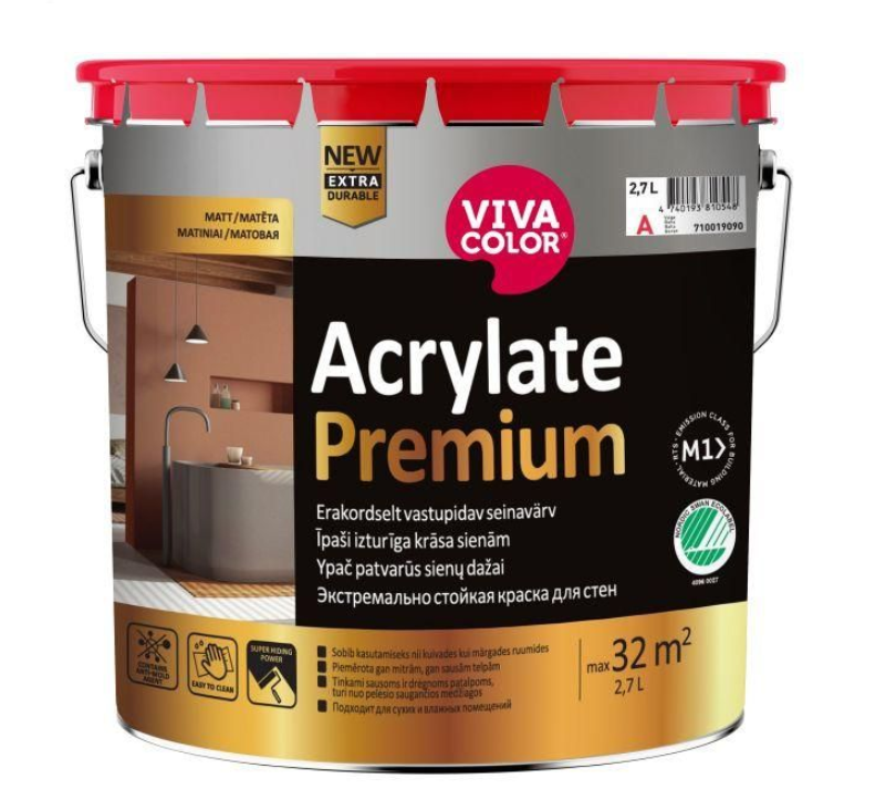 Sienų ir lubų dažai VIVACOLOR ACRYLATE PREMIUM, atsparūs drėgmei, matiniai, A bazė, 2,7 l