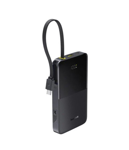 Išorinis akumuliatorius BASEUS LiPo 10000mAh 22.5W USB + USB-C su integruotu USB-C kabeliu,  juodas