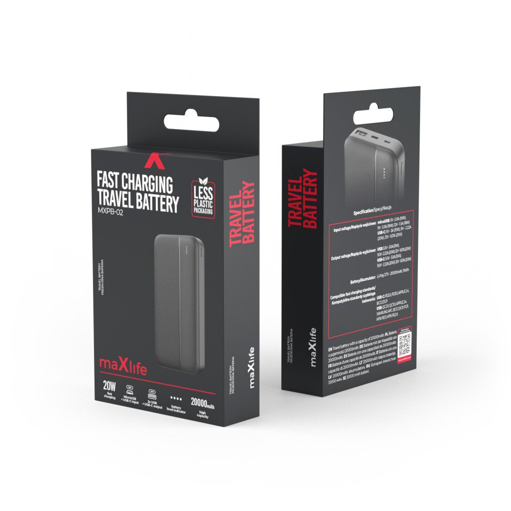 Power Bank 20000 mAh MXPB-02 PD QC 20W By Maxlife Black