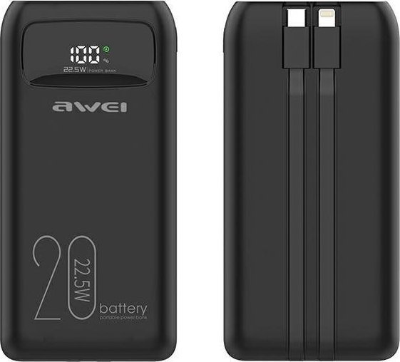 Powerbank Awei AWEI PowerBank P169K 20000mAh 22.5W black/black display + PD/Lightning cables