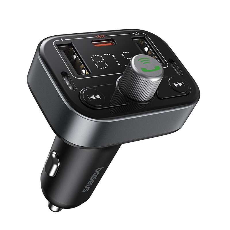 Automobilinis FM moduliatorius,BASEUS įkroviklis su Bluetooth 5.3 2xUSB + USB-C, juodas