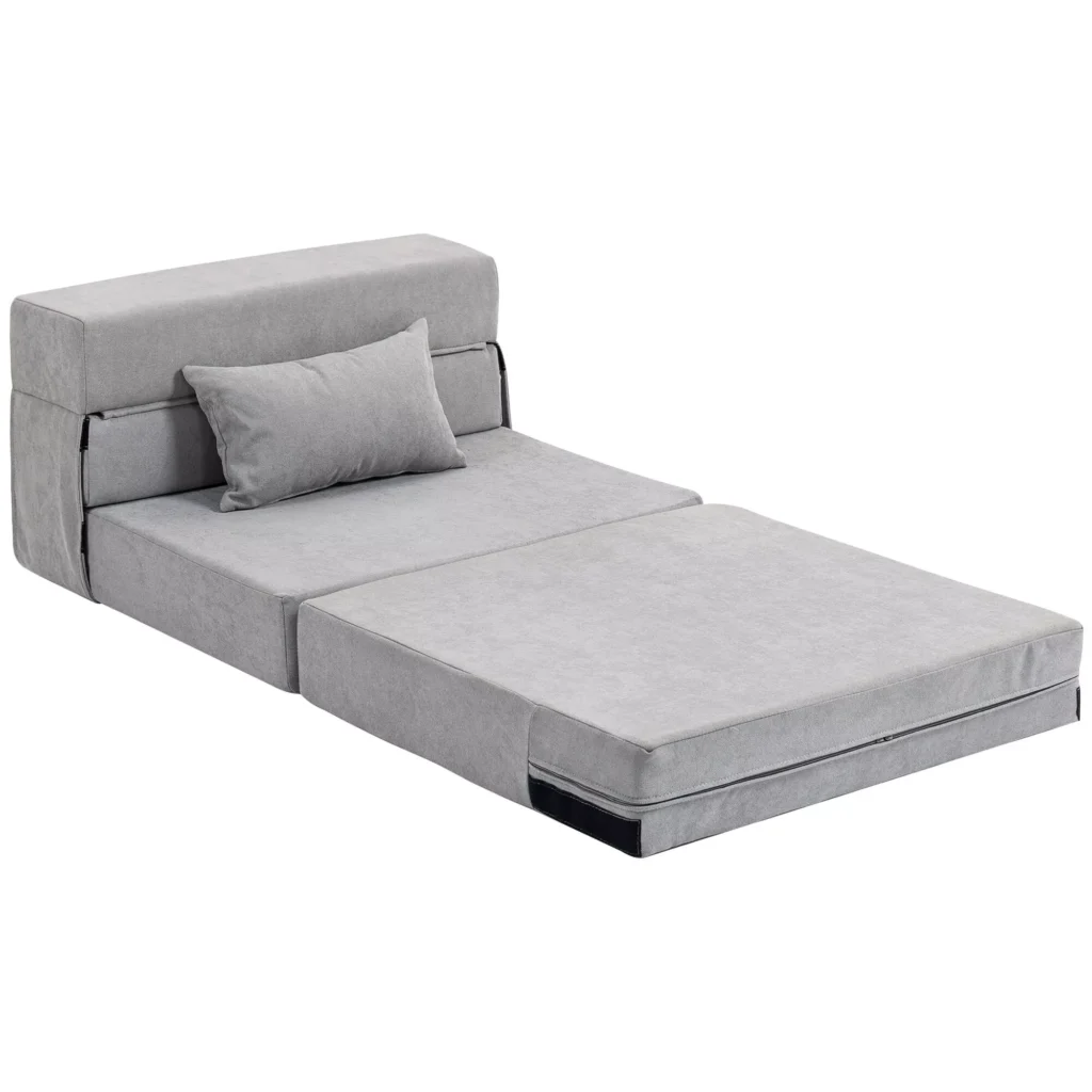 HOMCOM 3 viename miegamasis fotelis, sulankstoma sofa-lova su miego funkcija, juosmens pagalvė, poilsio fotelis su flanelo išvaizda, šezlongas svetainei, šviesiai pilkas