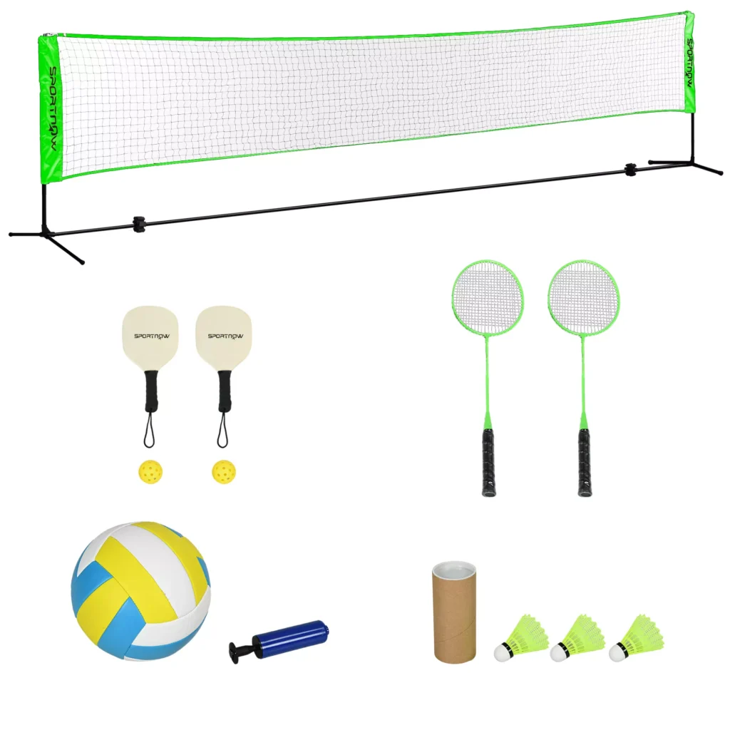 Badmintono tinklas su stovu, 4 raketės, reguliuojamas tinklinio tinklas su krepšiu 510x103x107-155 cm