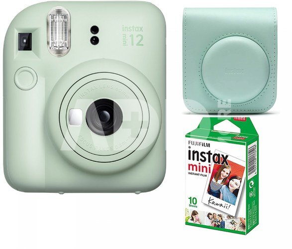 Fujifilm Instax mini 12 camera Mint Green + Instax Mini Glossy (10pl) + dėklas