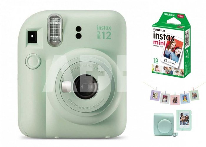 Momentinis fotoaparatas instax mini 12 MINT GREEN + PRIEDŲ rinkinys (DĖKLAS, ALBUMAS, RĖMELIAI SU SEGTUKAIS) + instax mini glossy (10pl)