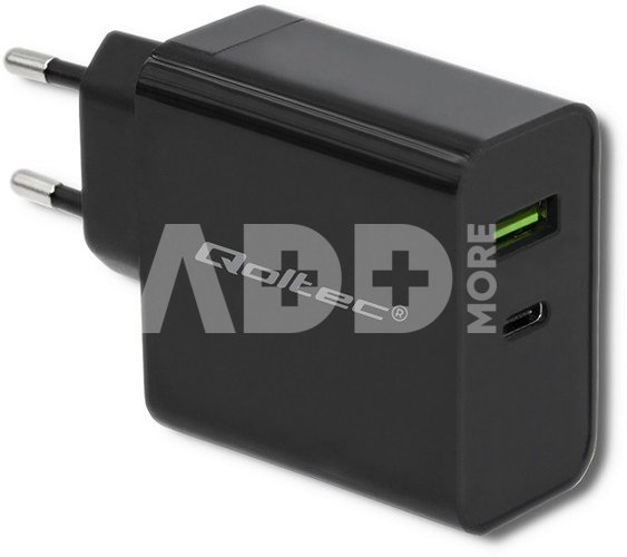 Qoltec Charger | 45W | 5-20V | 2.25-3A | USB typ C PD | USB | Black