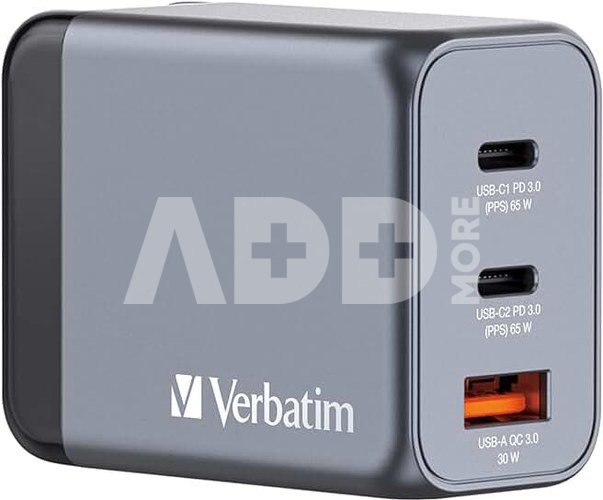 Verbatim GNC-64 GaN Charger 65W 2xUSB-C PD, 1xUSB-A QC 3.0 32201