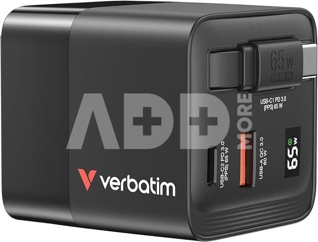 Verbatim Gan Charger 65W 2xUSB-C PD,1xUSB-A, retrac. Cable 32217