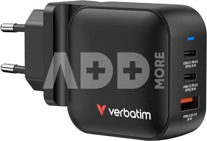 Verbatim Mini GaN Charger 70W 2xUSB-C PD, 1xUSB-A QC 3.0 32229