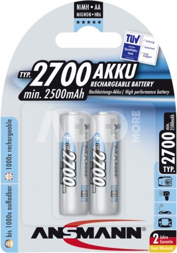 1x2 Ansmann įkraunami akumuliatoriai 2700 Mignon AA 2500 mAh