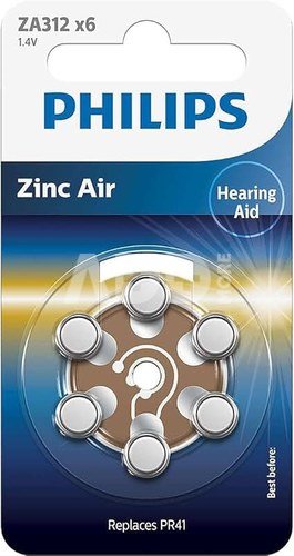 1x6 Philips Zinc-Air PR41 / 312 Hörgeräte Batterie