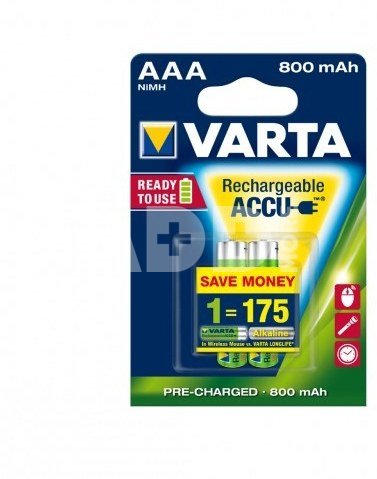 1x2 Varta Rechargeable Accu AAA Ready2Use NiMH 800 mAH Micro